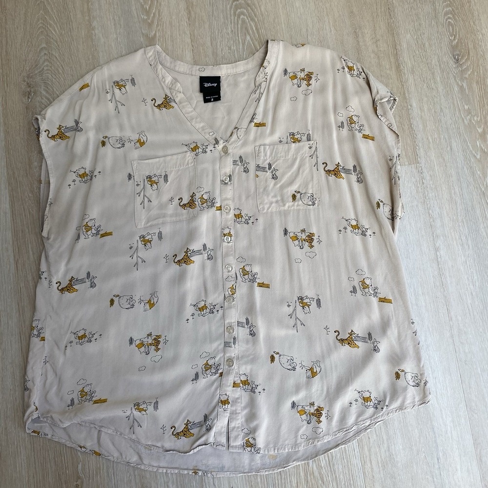 Disney Winnie the Pooh & Tigger Blouse Beige Button Up Shirt Torrid Plus Size 2